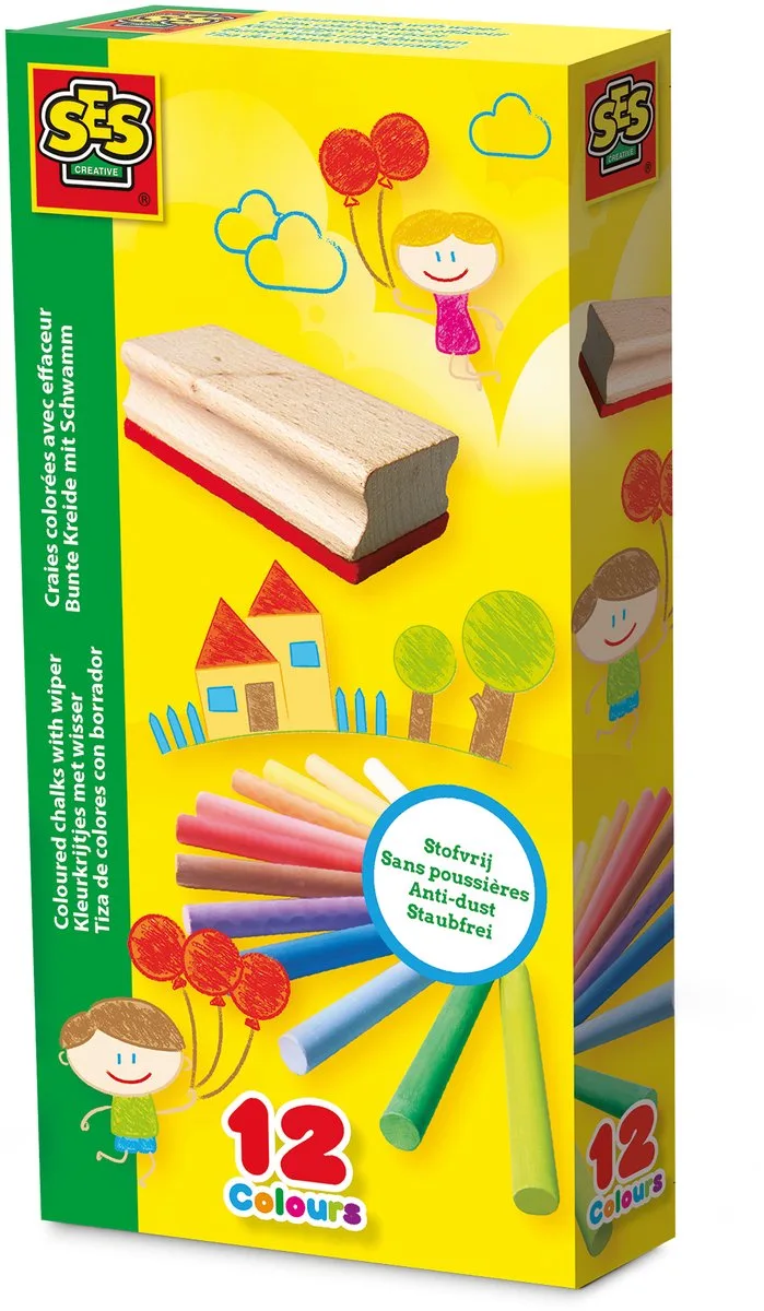 Kleurkrijtjes met Wisser voor Schoolbord - 12 Stuks - Vanaf 2 Jaar - Tekenen - Stofvrij - Schoencadeautjes Sinterklaas by SES Creative in 12 kleuren met wisser – product photo
