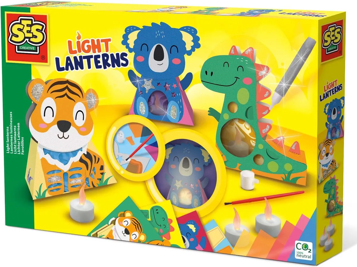 Licht lantaarns - zelf 3 lantaarns maken - met 3 LED kaarsjes, 5 gekleurde cellofaan sheets, lijm en penseel by SES Creative in Lantaarns – product photo