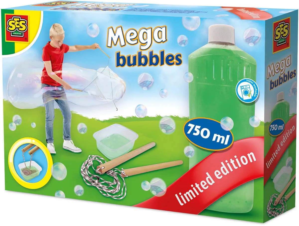 Mega Bubbles Bellenblaas Limited Edition met Bellenblaastool - 750 ml - Vanaf 5 Jaar - Goed Uitwasbaar - Schoencadeautjes Sinterklaas van SES Creative in Transparant – productfoto