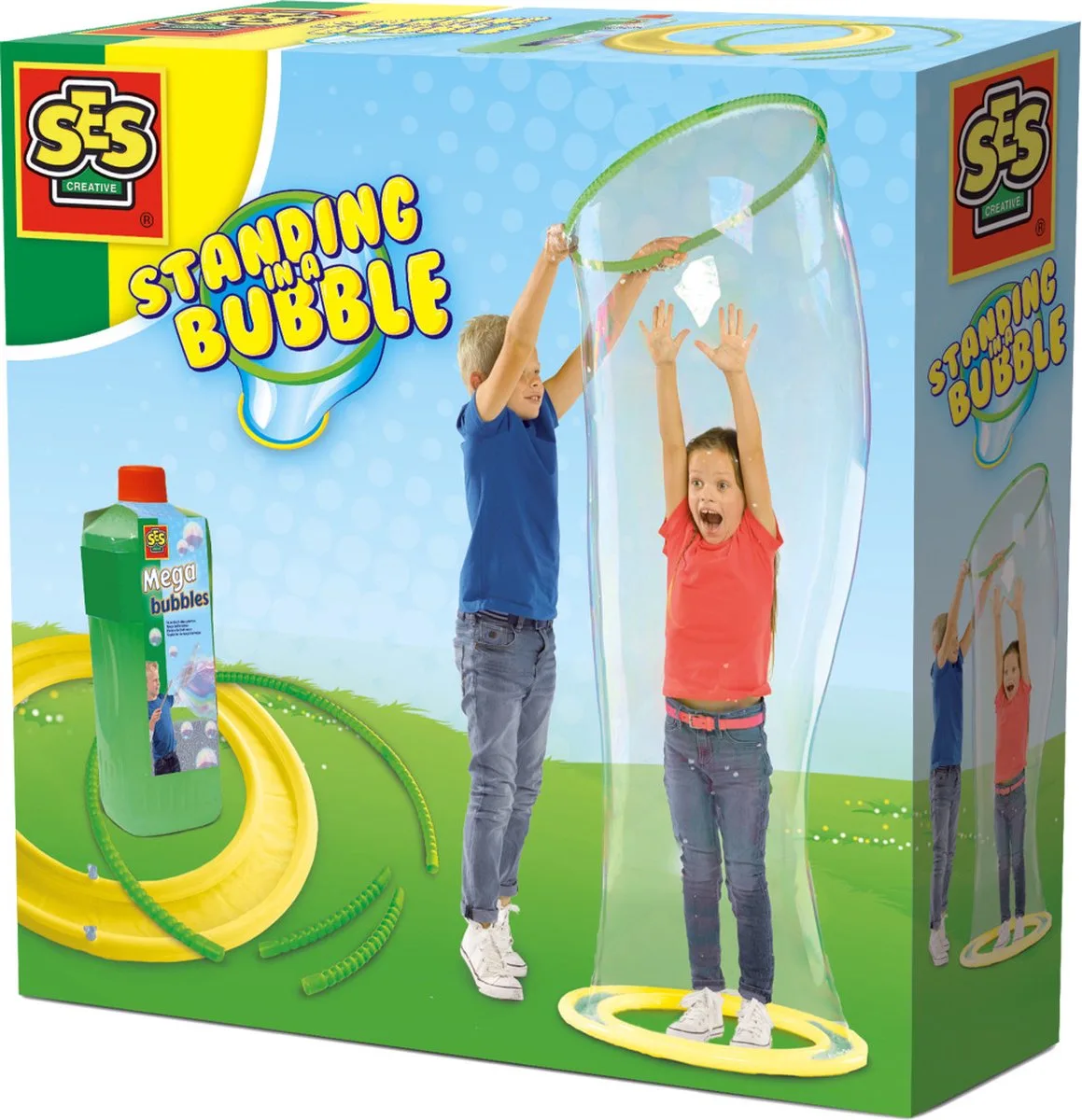 Mega Bubbles Bellenblaas - Om in te Staan met Badje - Vanaf 5 Jaar - Goed Uitwasbaar - Schoencadeautjes Sinterklaas från SES Creative i Staan in een mega bubble – produktbild