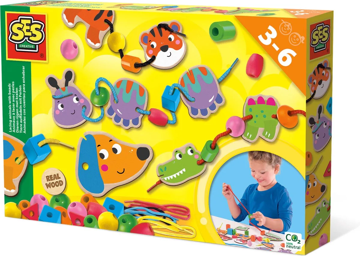 met kralen - Montessori Speelgoed - met duurzame houten onderdelen - grote kralen - 4 kleuren veters - Sensorisch speelgoed by SES Creative in Dieren rijgen – product photo