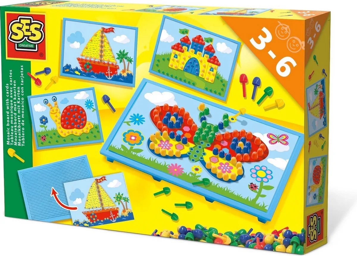 Mozaïekbord met 4 Kaarten en 100 Pinnen - Vanaf 3 Jaar - Mozaïek Kinderen - Schoencadeautjes Sinterklaas von SES Creative in Mozaïekbord met kaarten – Produktfoto