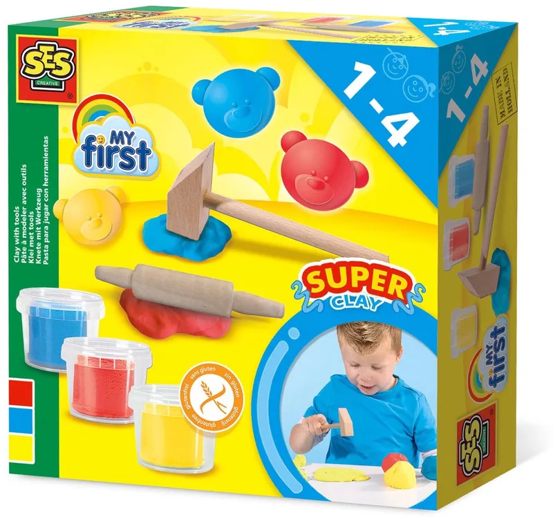 My First - 3 kleuren - met Hamertje en Deegroller – Glutenvrije klei - Makkelijk Uitwasbaar – vanaf 1 jaar by SES Creative in Klei met tools – product photo
