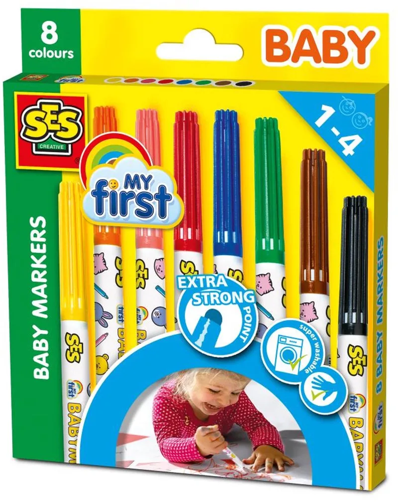 My First - Baby Markers - 8 Kleuren Stiften - Veilige Dop - Ronde, Stevige Punt - Makkelijk Uitwasbaar – 1 tot 4 jaar by SES Creative in Multicolour – product photo