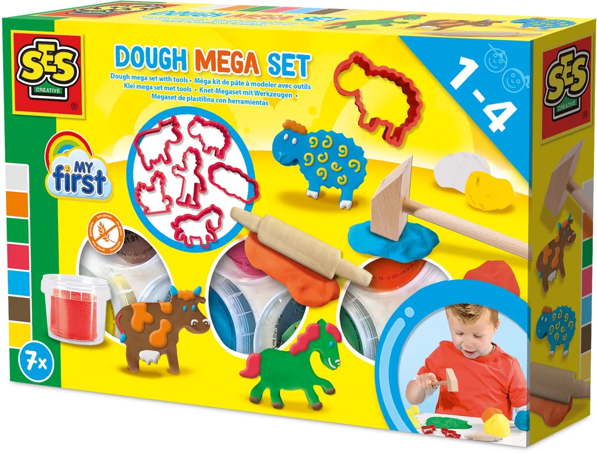 My First Klei Mega Set met Hamer en Roller - 7 x 90 g - Vanaf 1 Jaar - Boetseerklei - Glutenvrij - Schoencadeautjes Sinterklaas van SES Creative in My Frist Mega Set – productfoto