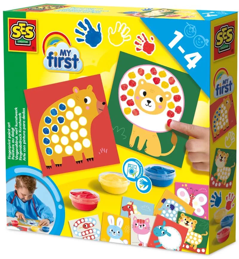 My First – Kunstwerk Stippen met Vingerverf - 3 kleuren vingerverf - 10 kleurplaten met dieren – Glutenvrije verf - makkelijk uitwasbaar – vanaf 1 jaar by SES Creative in Vingerafdruk – product photo