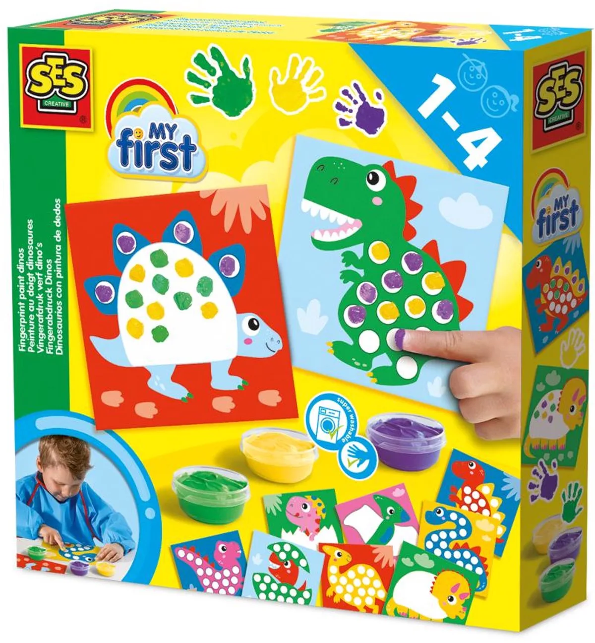 My First Vingerverf Set - Vingerafdruk Dino's - Vanaf 1 Jaar - 10 Kaarten - Babyproof - Glutenvrij - Schoencadeautjes Sinterklaas de SES Creative en Vingerverf Dino's – photo du produit