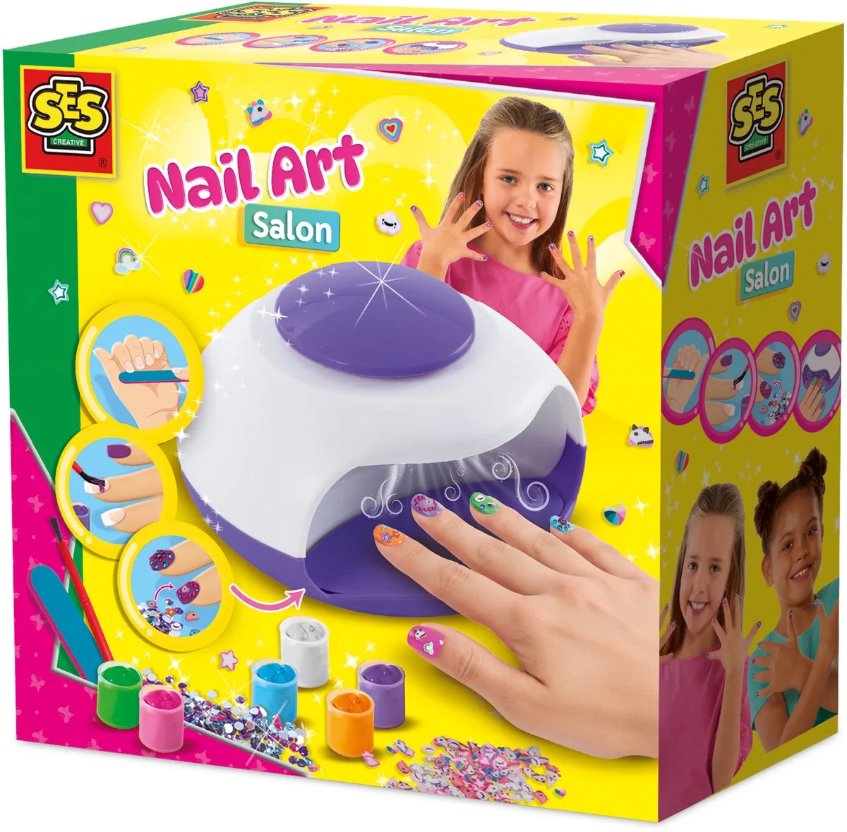 Nail Art Salon met Nageldroger en 6 Nagellakken - Voor Meisjes vanaf 6 Jaar - Nail Art Kinderen - Nagellak Kinderen - Eenvoudig Verwijderbaar - Schoencadeautjes Sinterklaas fra SES Creative i Flerfarvet – produktbillede