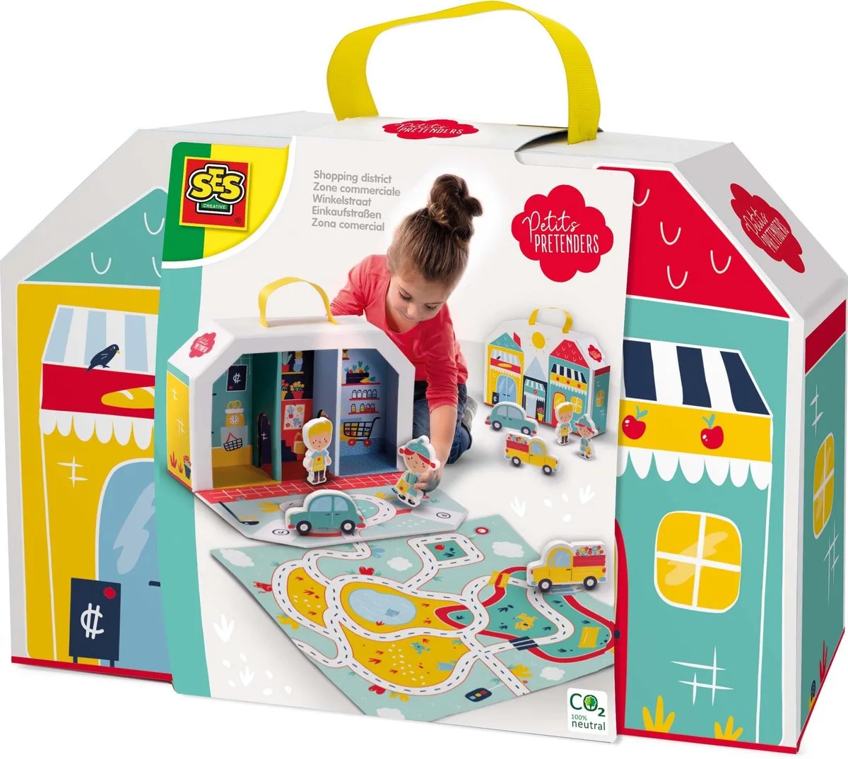 Petits Pretenders - speelkoffer en speelmat - speelkoffer met 3 winkels, speelkleed en 4 houten speelfiguren fra SES Creative i Winkelstraat – produktbillede