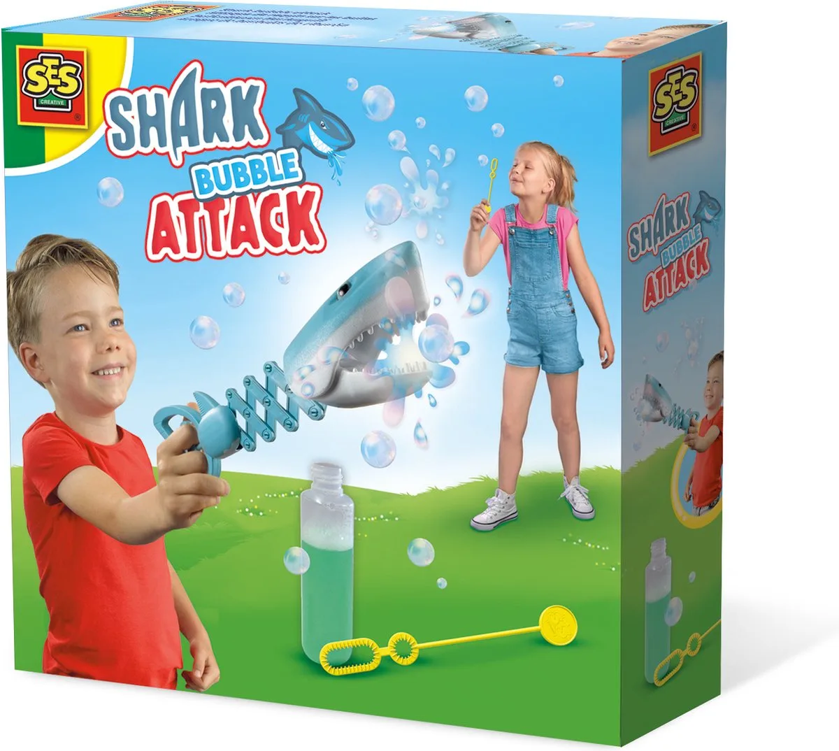 Shark bubble attack - haai met uitschuifbare nek eet de bubbels - inclusief bellenblaassop en stokje van SES Creative in Haai bubbels – productfoto