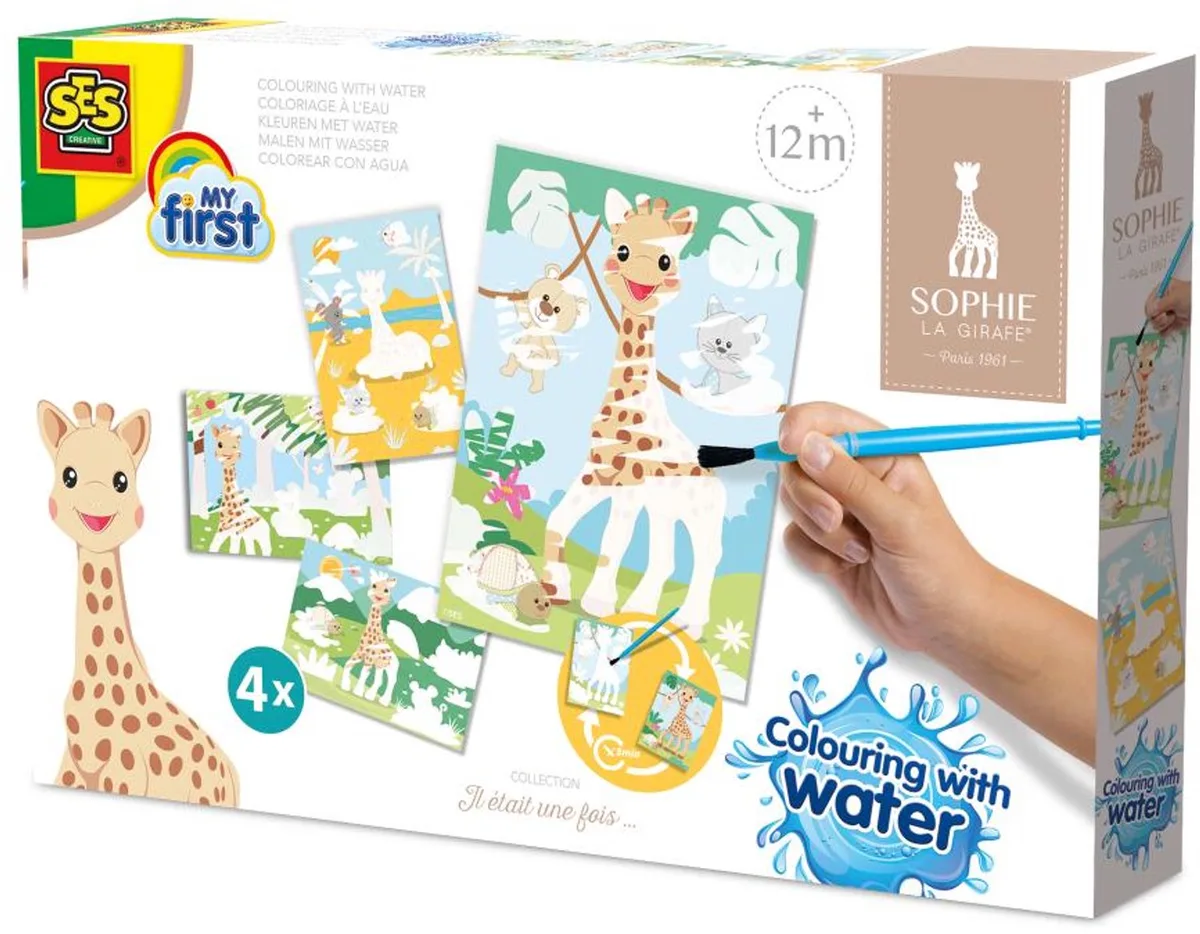 Sophie la Girafe - 4 Kaarten - Vanaf 1 Jaar - Baby Speelgoed - Knoeivrij - Schoencadeautjes Sinterklaas von SES Creative in Kleuren met water – Produktfoto