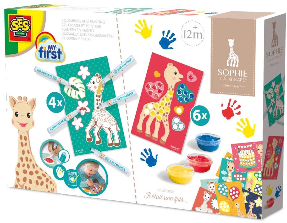Sophie la Girafe Kleuren en Vingerverven - 10 Kaarten - Vanaf 1 Jaar - Babyproof - Goed Uitwasbaar - Schoencadeautjes Sinterklaas från SES Creative i 2-in-1 Kleuren en verven – produktbild