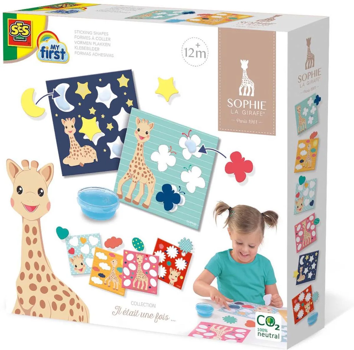Sophie la Girafe - Vormen plakken - 6 kaarten - inclusief vingerlijm en papieren vormen - makkelijk uitwasbaar de SES Creative en Stickers – photo du produit