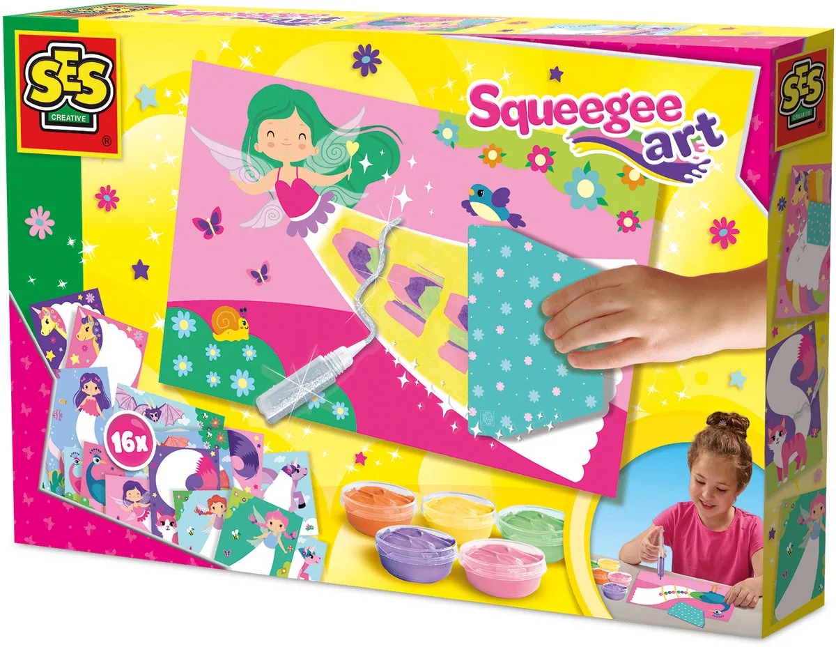 Squeegee Art Verfset met 16 Kaarten en Rakel - Voor Meisjes vanaf 5 Jaar - Schilderen Kinderen - Schoencadeautjes Sinterklaas de SES Creative en Multicolore – photo du produit