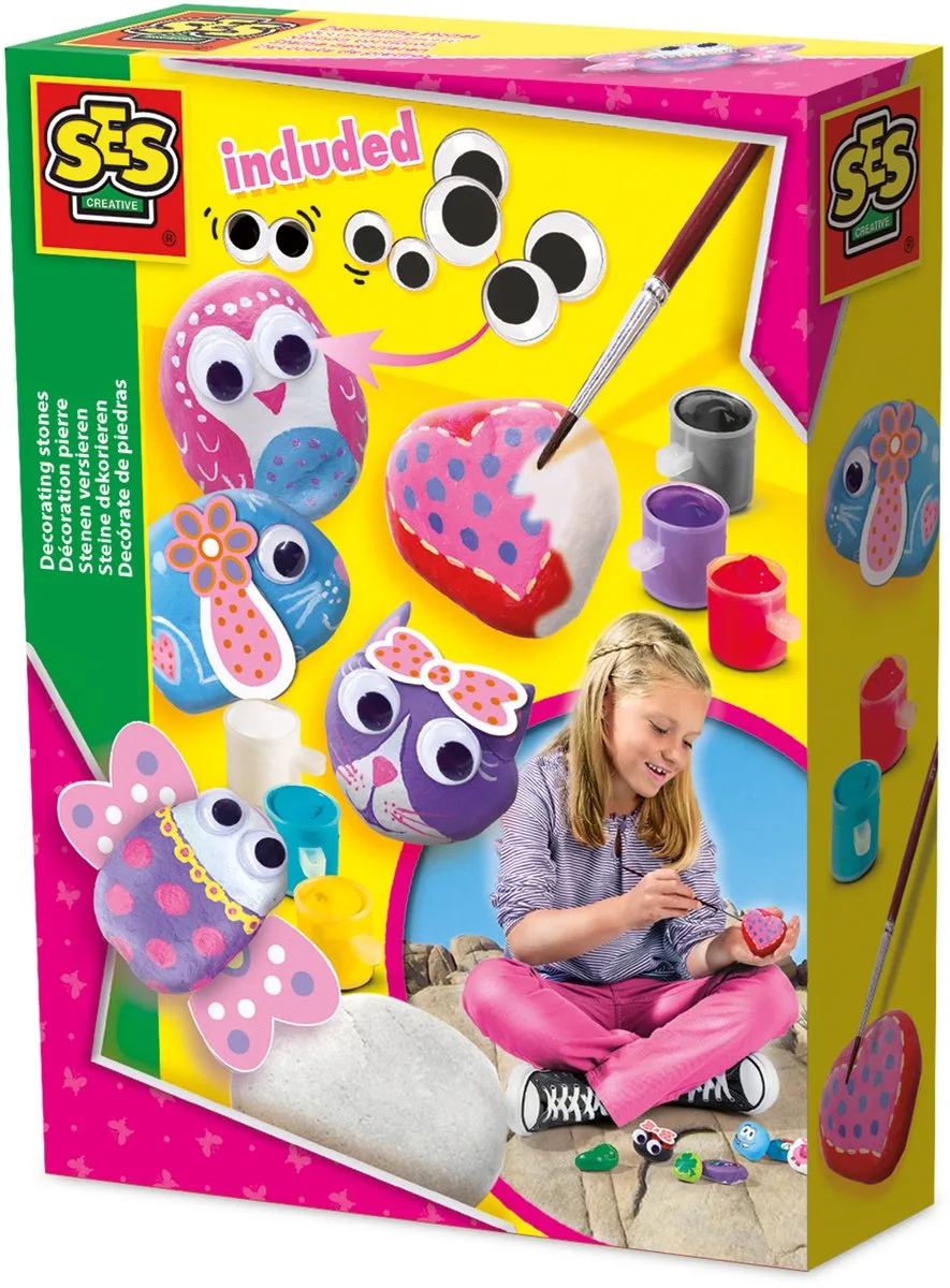 Stenen Versieren met Wiebeloogjes - 5 Stenen - Voor Meisjes vanaf 5 Jaar - Happy Stones - Schoencadeautjes Sinterklaas by SES Creative in Stenen schilderen met wiebelogen – product photo