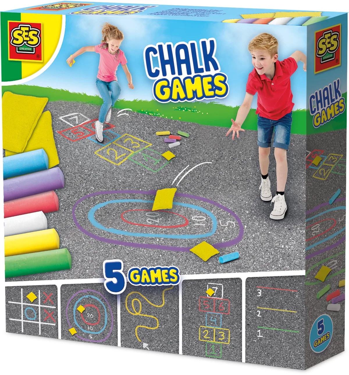 Stoepkrijt Spellen 5-in-1 met Pittenzakjes - Vanaf 3 Jaar - Schoencadeautjes Sinterklaas från SES Creative i Stoepkrijt spellen 5 in 1 – produktbild