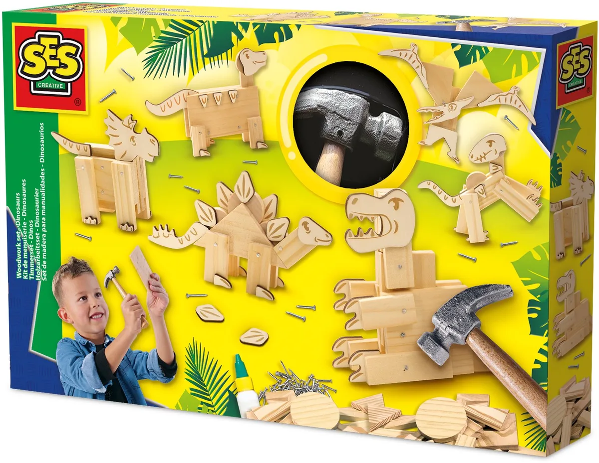 Timmerset Dino's met Hamer en Houten Plankjes - Voor Jongens vanaf 6 Jaar - Timmerset Kinderen - Schoencadeautjes Sinterklaas van SES Creative in Dino – productfoto