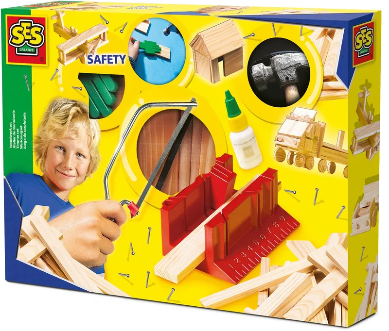 Timmerset Luxe – Montessori speelgoed – hout, hamer, spijkers, lijm, zaag en verstekbak – met veiligheidshand – vanaf 5 jaar von SES Creative in Deluxe – Produktfoto
