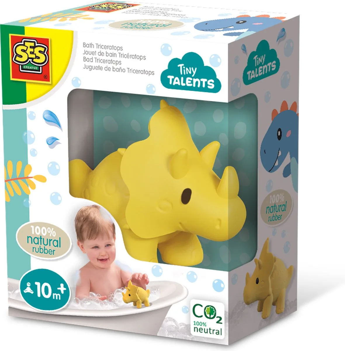 Tiny Talents - Bad - natuurlijk rubber - veilig badspeeltje - sabbelbaar - stimuleert zintuigen - baby badspeelgoed - dinosaurus speelgoed fra SES Creative i Triceratops – produktbillede