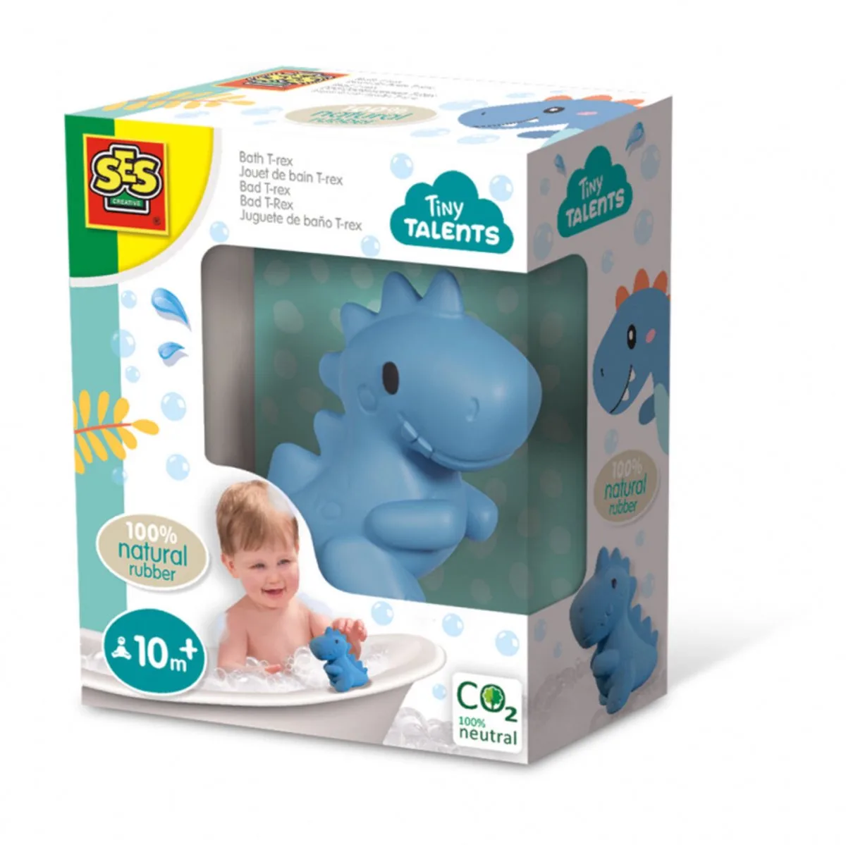 Tiny Talents - Badtijd - natuurlijk rubber - veilig voor in bad - geen schimmelvorming - sabbelbaar - baby badspeelgoed - dinosaurus speelgoed van SES Creative in T-rex – productfoto
