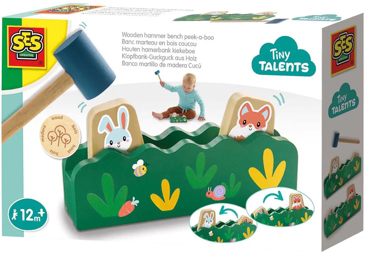 Tiny Talents Houten Hamerbank Kiekeboe met Hamer - Vanaf 1 Jaar - Baby Speelgoed - Motorische Ontwikkeling - Schoencadeautjes Sinterklaas de SES Creative en Multicolore – photo du produit
