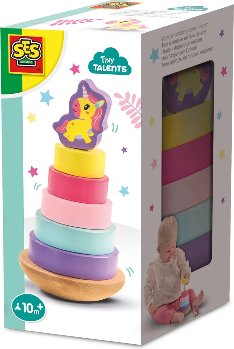 Tiny Talents Houten Stapeltoren - Unicorn met Wiebelbasis - Vanaf 10 Maanden - Baby Speelgoed - Motorische Ontwikkeling - Schoencadeautjes Sinterklaas fra SES Creative i Stapeltoren unicorn – produktbillede
