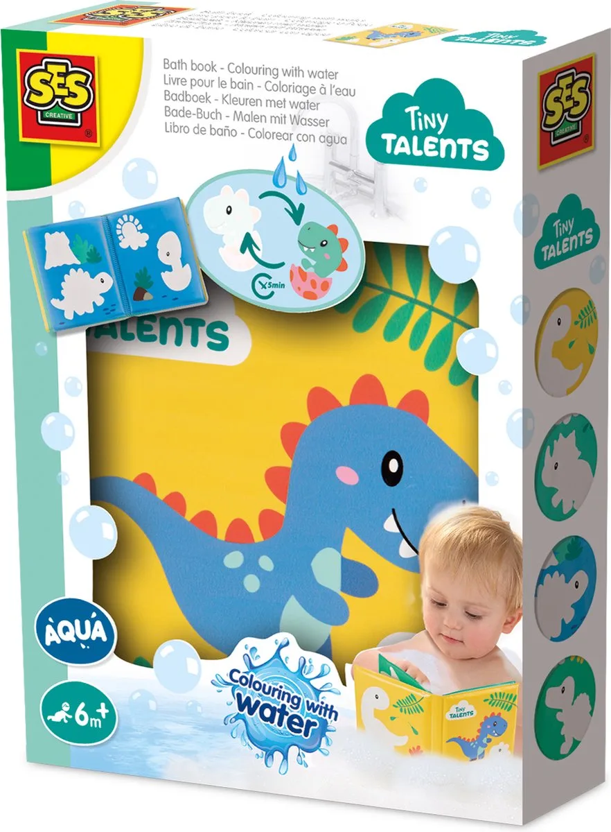 Tiny Talents Kleuren met Water - Dino's - Vanaf 6 Maanden - Badboek 8 Pagina's - Badspeelgoed - Knoeivrij - Schoencadeautjes Sinterklaas från SES Creative i Flerfärgad – produktbild