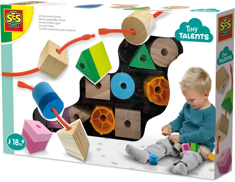 Tiny Talents - Sensorisch speelgoed - Montessori speelgoed - meerdere soorten grove kralen - inclusief koppelsnoer Speelgoed 2 jaar fra SES Creative i Sensory kralen rijgen – produktbillede