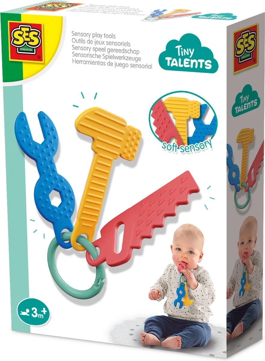 Tiny Talents Sensory Speelgereedschap - Hamer, Zaag en Sleutel - Vanaf 3 Maanden - Baby Speelgoed - Motorische Ontwikkeling - Schoencadeautjes Sinterklaas från SES Creative i Sleep gereedschap – produktbild