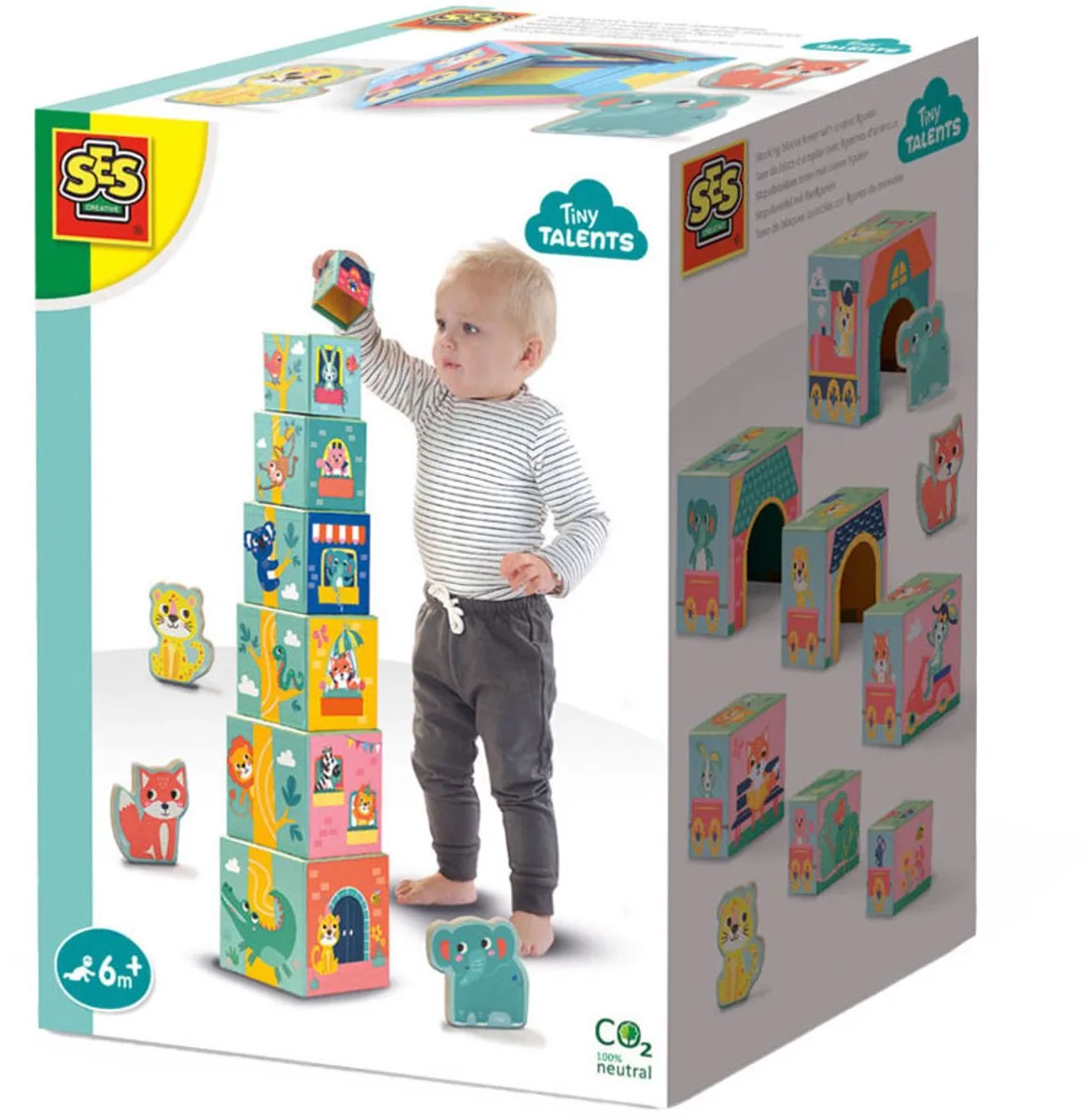 Tiny Talents Stapeltoren met Dierenfiguren - 7 Blokken - Vanaf 6 Maanden - Baby Speelgoed - Motorische Ontwikkeling - Schoencadeautjes Sinterklaas de SES Creative en Stapeltoren dieren – photo du produit