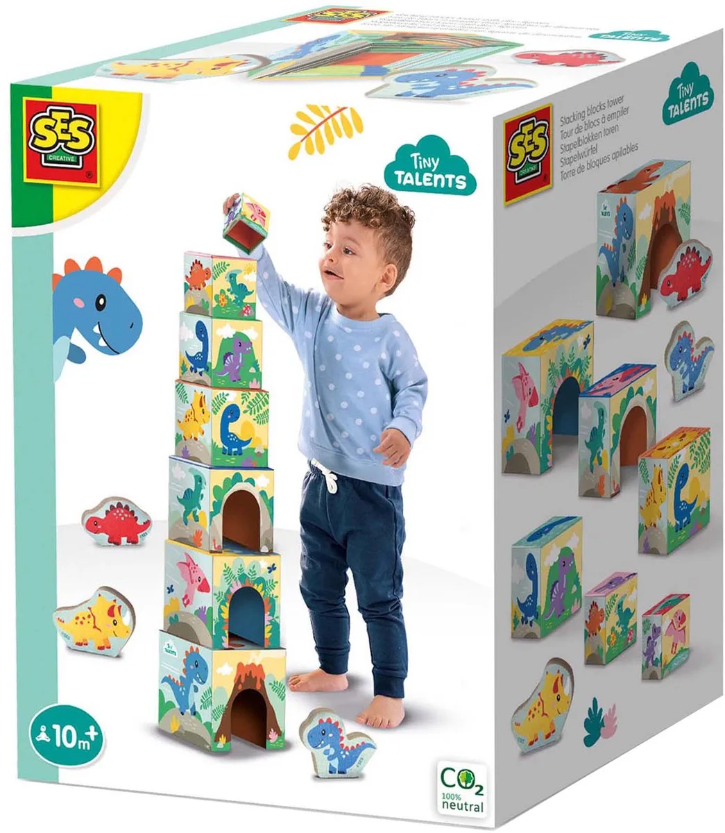 Tiny Talents Stapeltoren met Dinofiguren - 7 Blokken - Vanaf 10 Maanden - Baby Speelgoed - Motorische Ontwikkeling - Schoencadeautjes Sinterklaas van SES Creative in Stapeltoren Dino's – productfoto