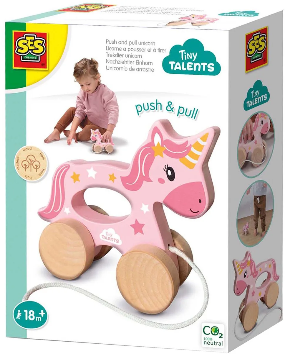 Tiny Talents Trekdier 2-in-1 - Houten Unicorn - Vanaf 18 Maanden - Baby Speelgoed - Motorische Ontwikkeling - Schoencadeautjes Sinterklaas van SES Creative in Eenhoorn trekdier – productfoto