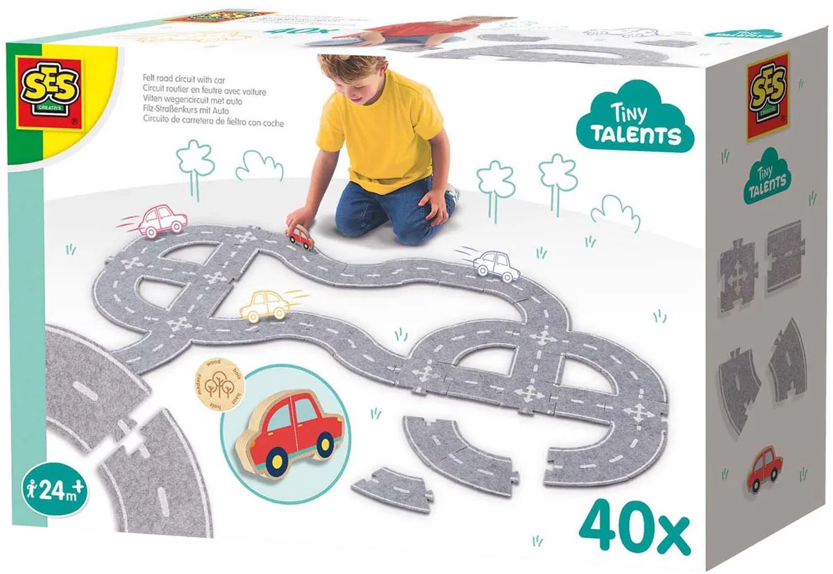Tiny Talents Vilten Wegencircuit met Houten Auto - 40 Stuks - Vanaf 2 Jaar - Baby Speelgoed - Motorische Ontwikkeling - Schoencadeautjes Sinterklaas van SES Creative in Wegenbouw 40 stuks – productfoto