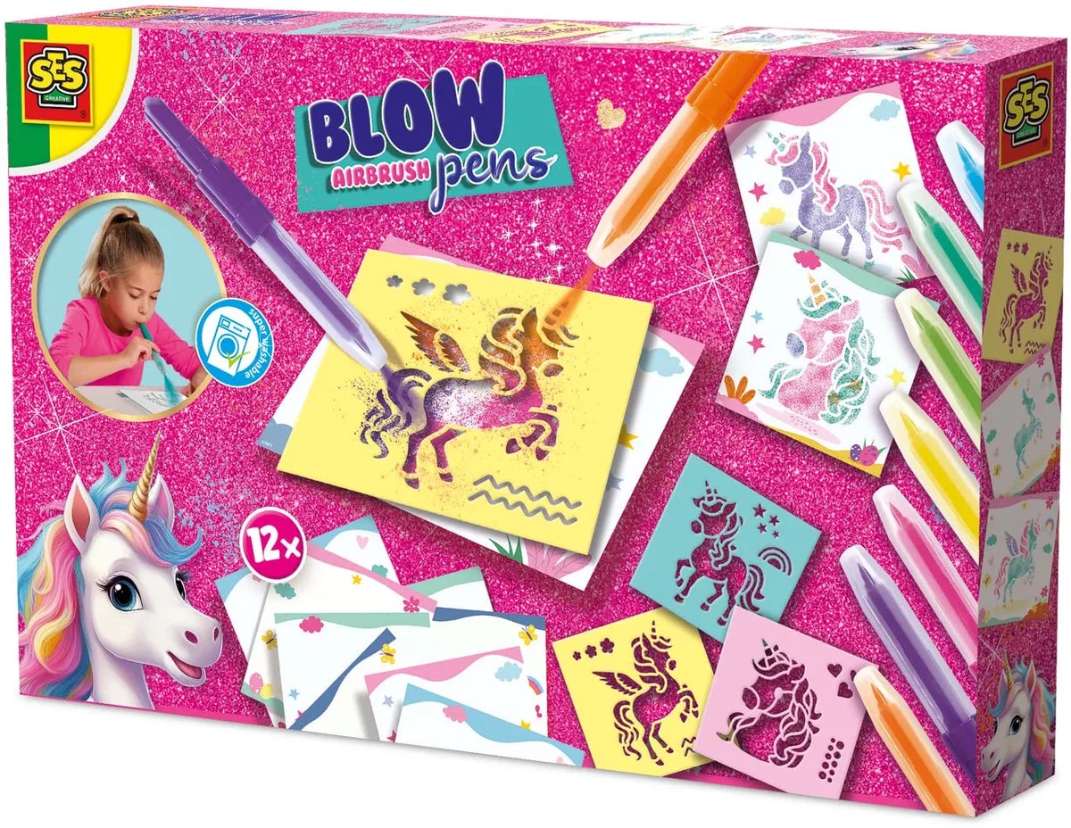 Unicorn Blow Airbrush Pens met Kleurplaten - 7 Stiften - Voor Meisjes vanaf 5 Jaar - Blaasstiften - Schoencadeautjes Sinterklaas by SES Creative in Eenhoorn – product photo