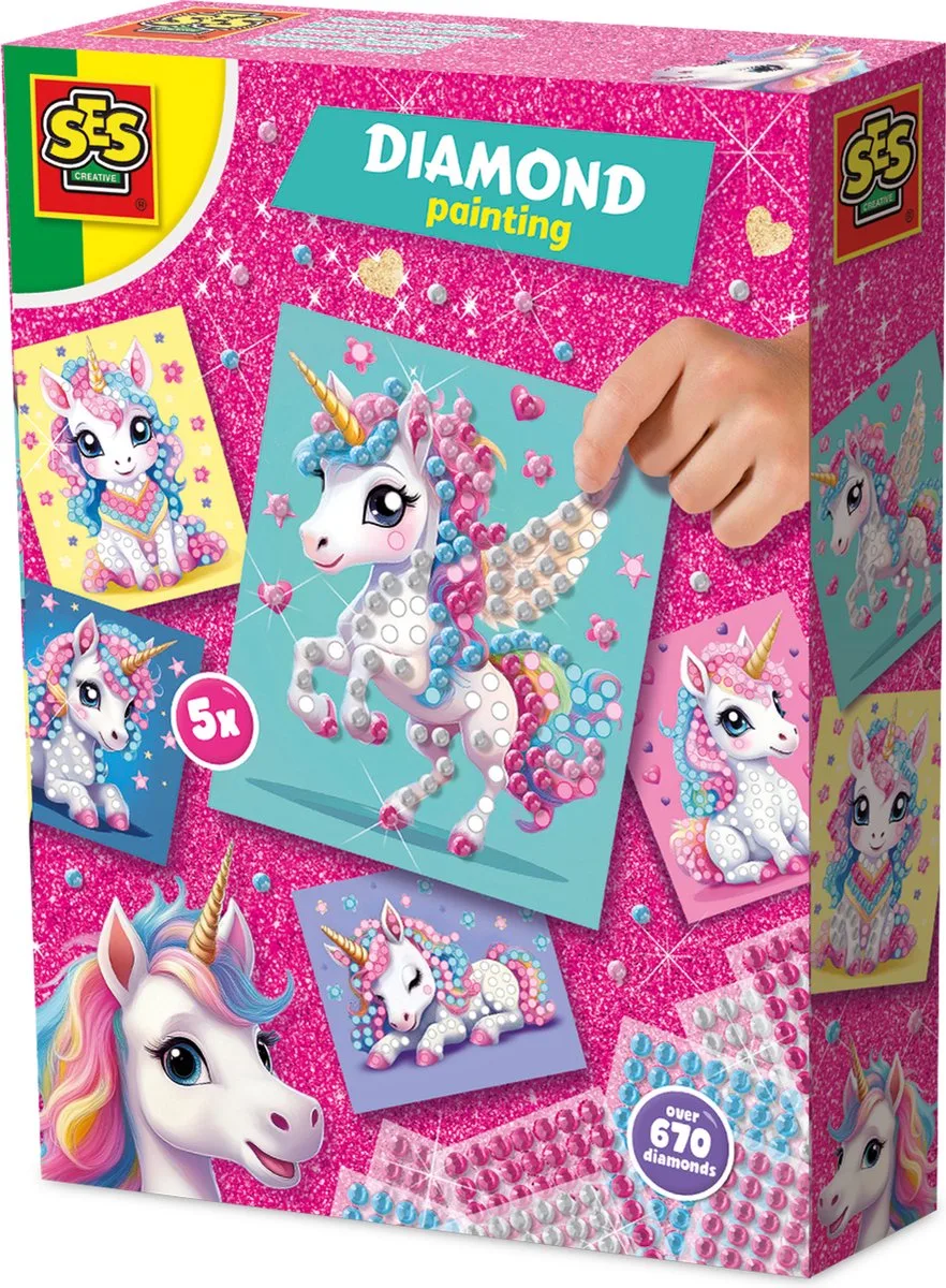 Unicorn Diamond Painting - 5 Eenhoornkaarten - Voor Meisjes vanaf 3 Jaar - 672 Steentjes - Schoencadeautjes Sinterklaas by SES Creative in Unicorn diamantschilderij – product photo