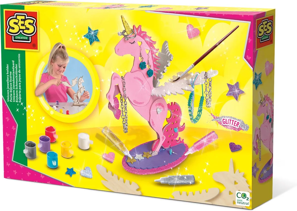 Unicorn sieradenstandaard - houten onderdelen - met 6 kleuren verf, penseel en (glitter)lijm - makkelijk uitwasbaar - Unicorn Knutselen van SES Creative in Unicorn sieraden standaard – productfoto
