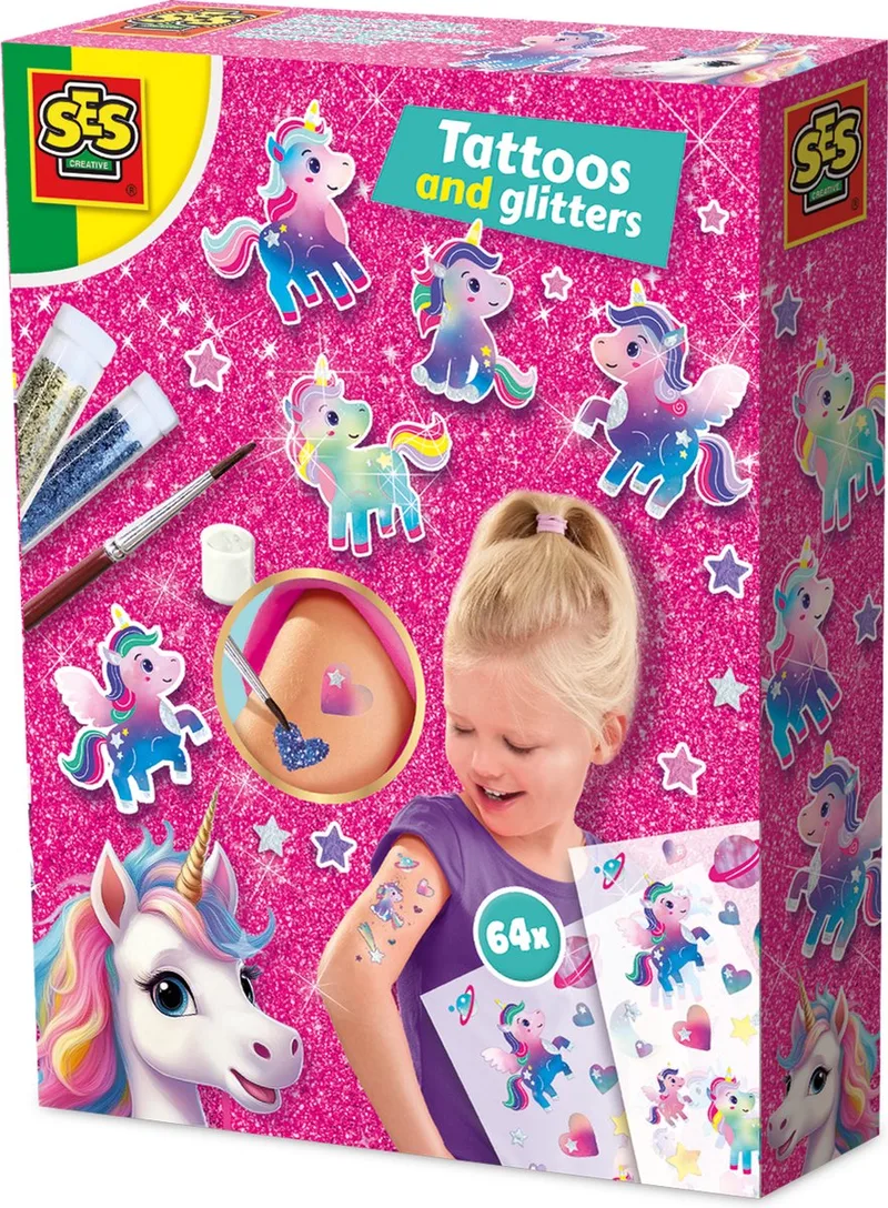 Unicorn Tattoos en Glitters - 64 Eenhoornmotieven - Voor Meisjes vanaf 5 Jaar - Tattoos Kinderen - Eenvoudig Verwijderbaar - Schoencadeautjes Sinterklaas de SES Creative en Unicorn tatoeages en glitters – photo du produit