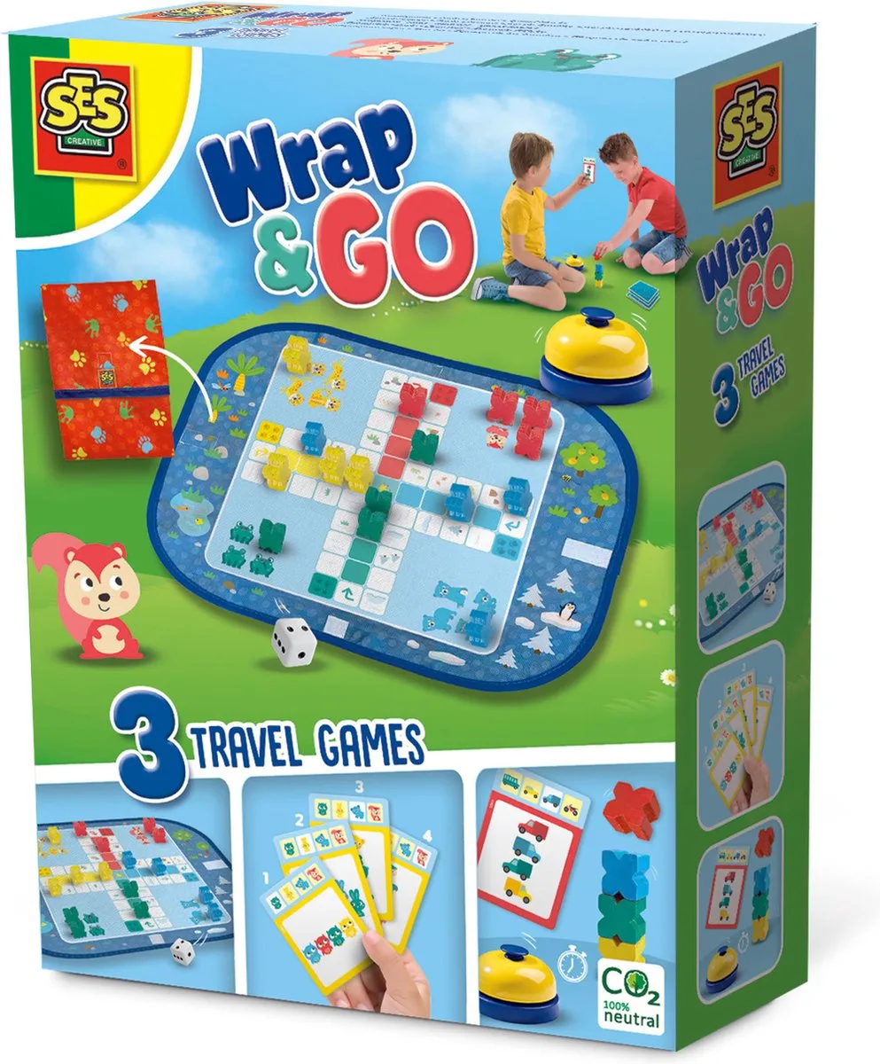 Wrap&Go reisspellen - Ludo - Kwartet - Speed blocks - 3 in 1 - travel size - speelbord is de bewaartas - houten onderdelen de SES Creative en Ludo – Kwartet – Speed blocks – photo du produit