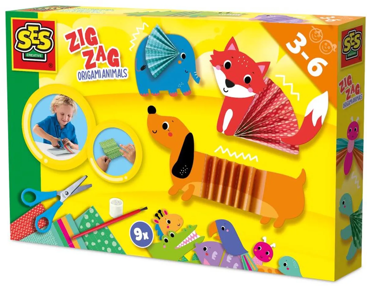 Zigzag Origami Dieren - 9 Figuren met Kinderschaar - Vanaf 3 Jaar - Schoencadeautjes Sinterklaas de SES Creative en Zig zag origami dieren – photo du produit