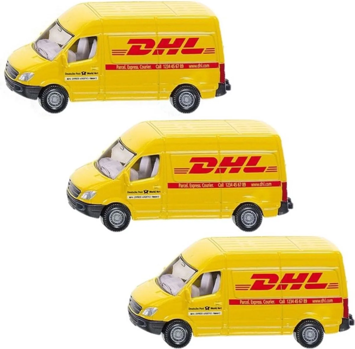 DHL bezorg busje - 3x stuks - modelauto - 8 cm - Mercedes - speelgoed auto/wagens från Siku i Gul – produktbild