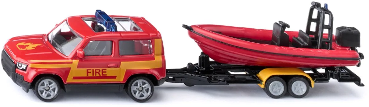SIKU 1608, Land Rover Defender in brandweeruitvoering met Boot, Metaal/Kunststof van Siku in Rood – productfoto