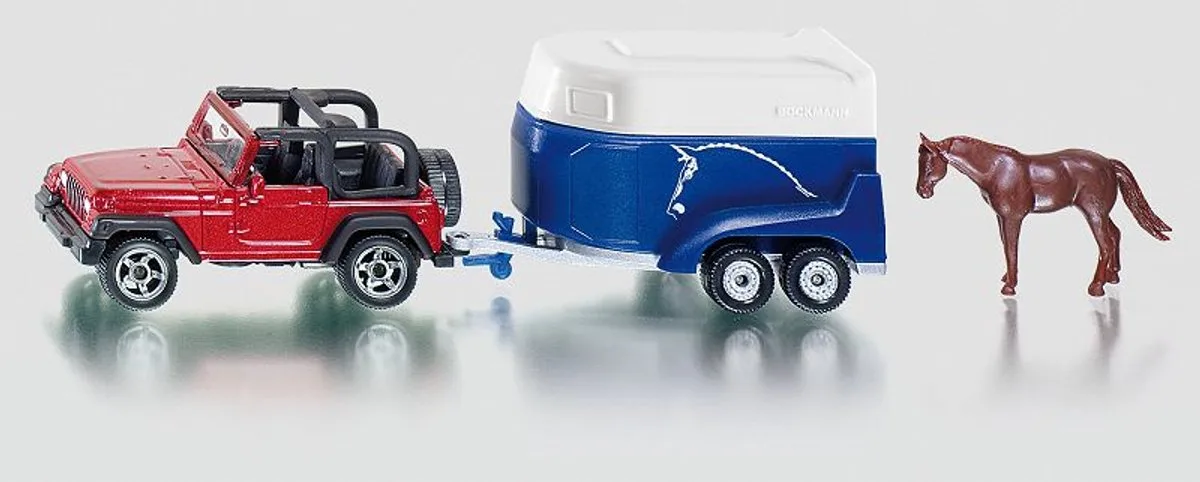 SIKU 1651, Jeep Wrangler met Paardenhanger, metaal/kunststof, incl. 1 speelgoedpaard van Siku in Rood, Blauw – productfoto