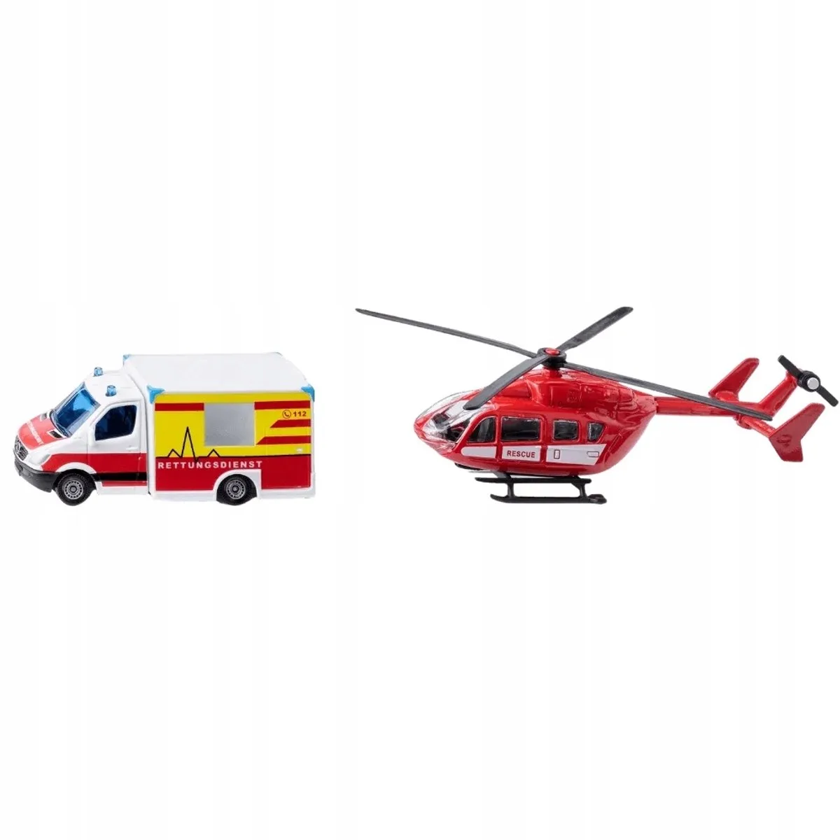 siku 1748, Reddingsdienst-set, Reddingshelikopter en Mercedes Benz Ambulance, Metaal/Kunststof, Rood/Wit, Draaibare Rotoren van Siku in Meerkleurig – productfoto
