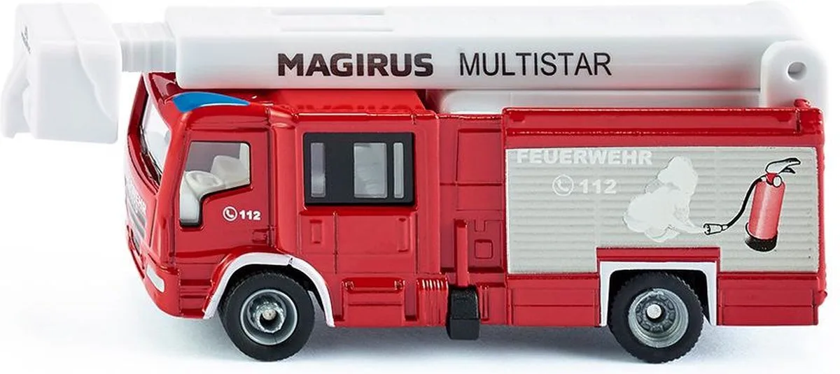 siku 1749, Brandweerwagen Magirus Multistar TLF met hoogwerker, 1:87, metaal/kunststof, rood/wit, uitschuifbare ladder från Siku i Röd – produktbild
