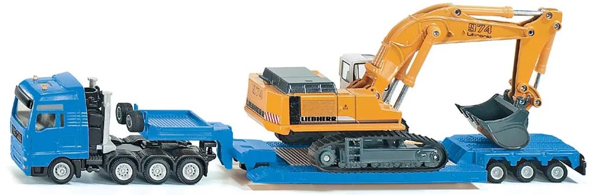 Siku 187 Schwertransport mit Pritschenanhnger von Siku in Blau, Gelb – Produktfoto
