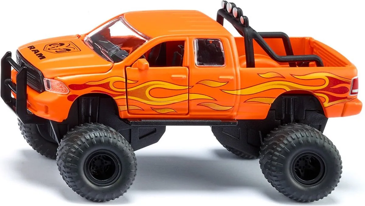 SIKU 2358, Dodge RAM 1500 met ballonbanden, speelgoedauto, 1:50, metaal/kunststof, zwart/oranje, verwisselbare wielen, deur, motorkap en achterklep kunnen geopend worden van Siku in Meerkleurig – productfoto