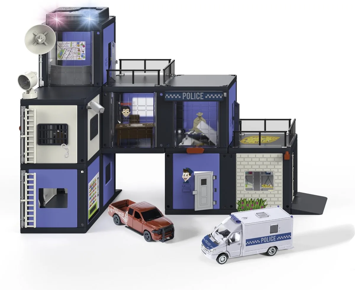 SIKU 5510, Politiebureau, modulair plug-in systeem voor creatieve constructies, met light & sound module, Dodge Ram met touw, Mercedes-Benz politie sprinter fra Siku i Flerfarvet – produktbillede