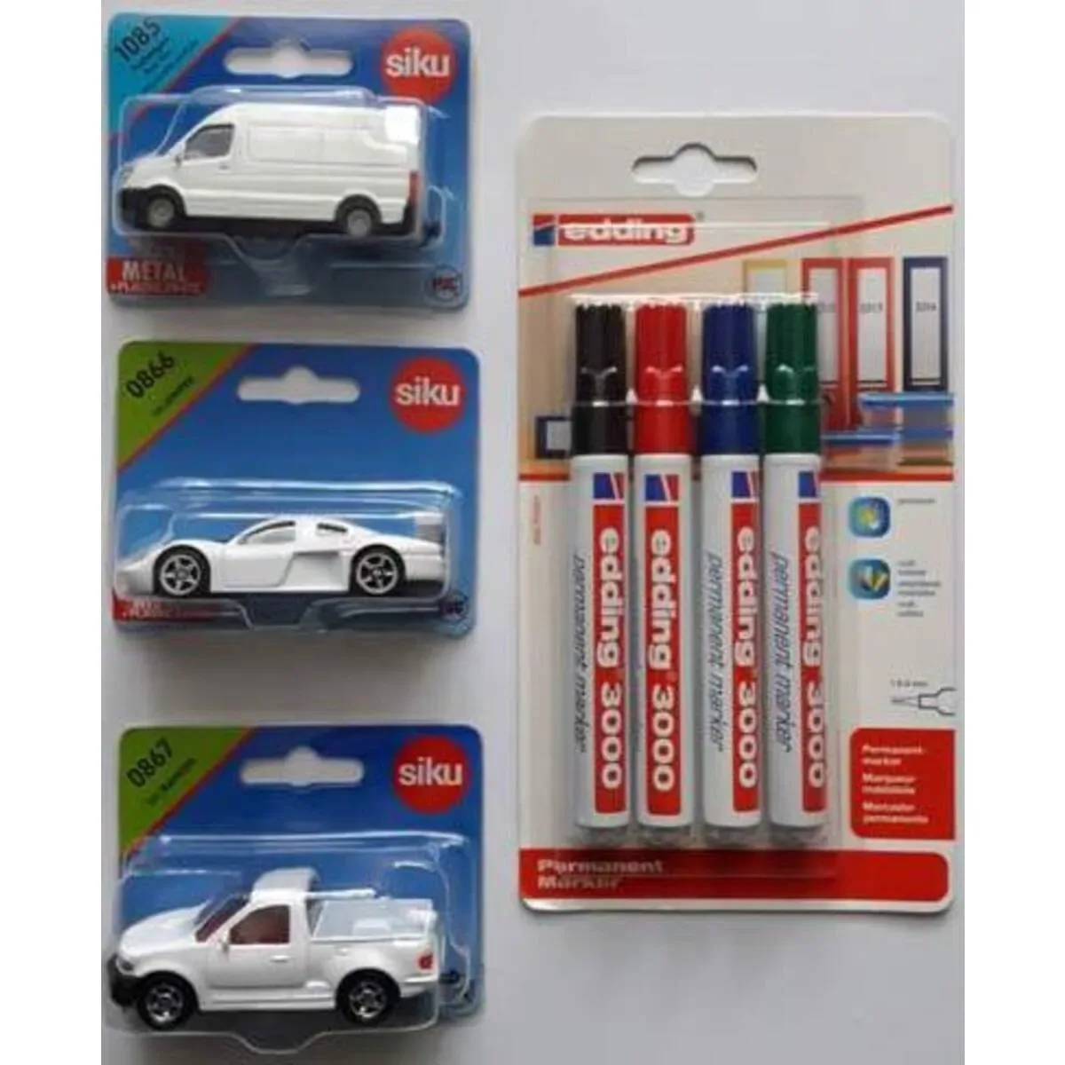 SIKU 6164 Auto 3er Set zum Bemahlen + 4 Stück edding 3000 permanent fra Siku – produktbillede