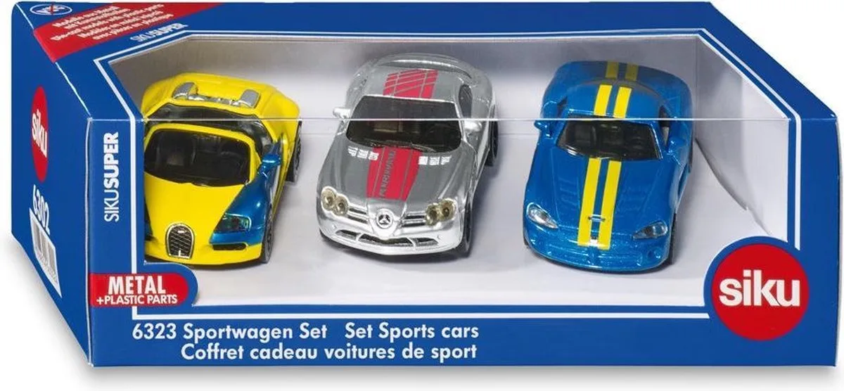 Siku 6323, 3-delige Sportautoset: Bugatti Veyron, Mercedes McLaren SLR enDodge Viper, metaal/kunststof från Siku i Blå, Gul, Röd, Silver, Svart – produktbild