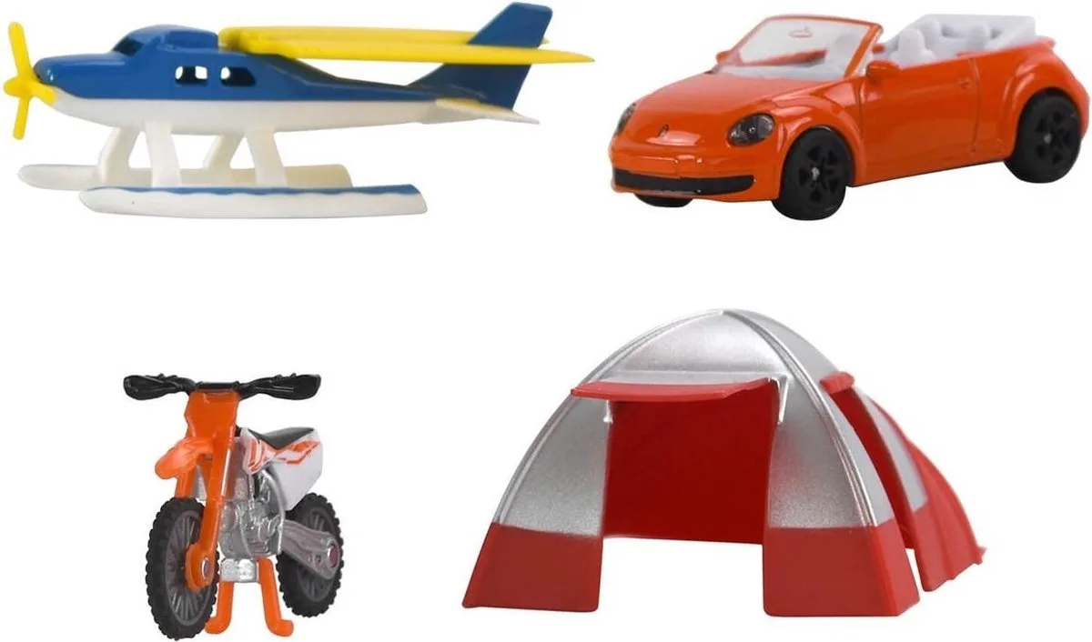 SIKU 6325 vrijetijdsset, bestaande uit cabrio, cross-motorfiets, watervliegtuig en tent, materiaal: metaal/kunststof de Siku en Orange – photo du produit
